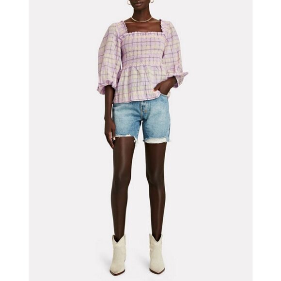 💕GANNI💕 Smocked Seersucker Plaid Top ~ Orchid Bloom Checked Print 44 EU NWT - Picture 4 of 16